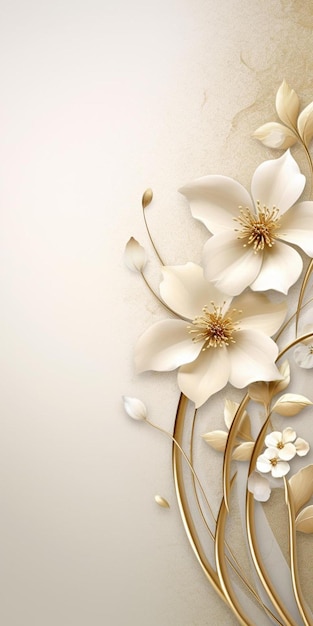 a white background with flowers and a gold leaf.