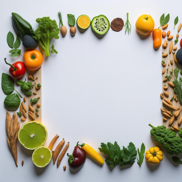 Photo a white background with fruits and vegetables and a white border with the word 