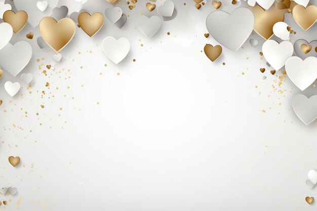 Photo white background with gold and silver hearts placed on topcopy spacedesign concept for a postcard