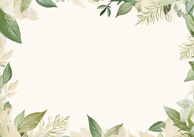 A white background with green leaves and flowers