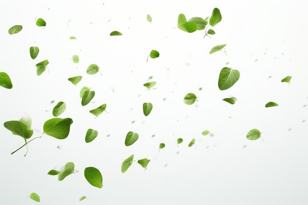 Photo white background with green leaves flying in air
