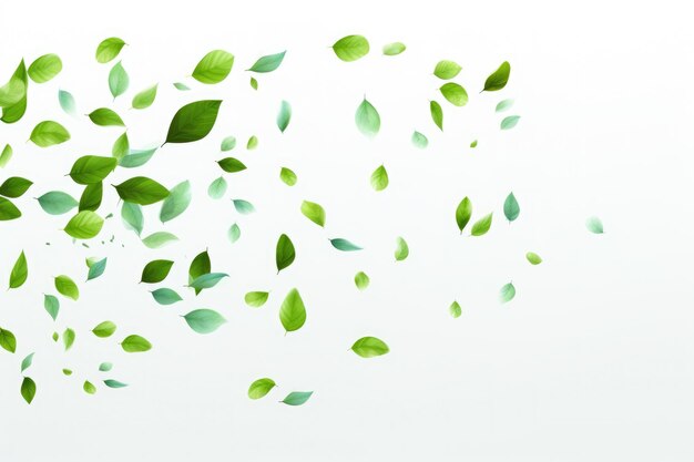 Photo white background with green leaves scattered all over it