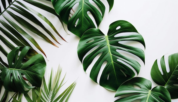 A white background with green leaves of a tropical plant.