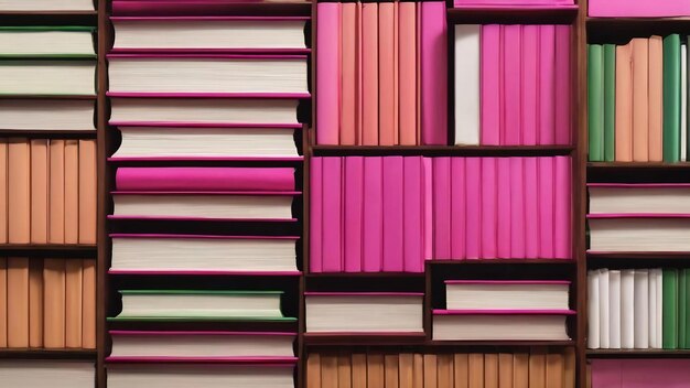 A white background with a green and pink line of books