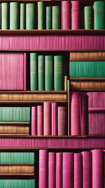 A white background with a green and pink line of books