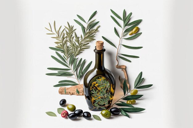 A white background with an isolated collage of olives olive branches and an olive oil bottle