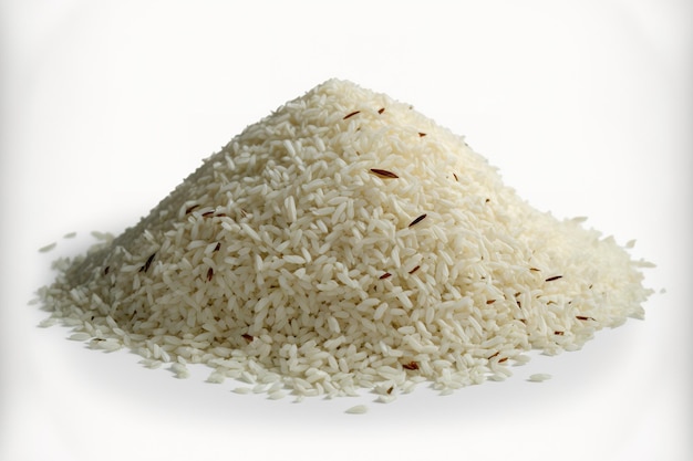 White background with an isolated pile of white sticky rice looking up