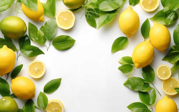A white background with lemons and leaves