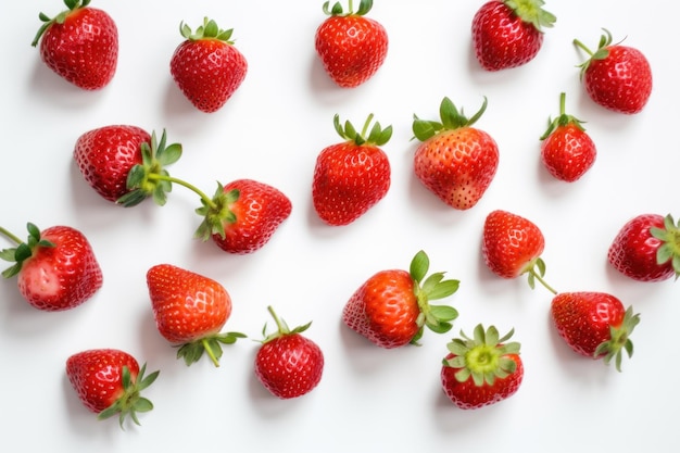 A white background with a lot of strawberries on it flat lay
