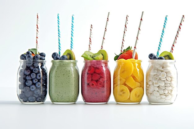 Photo a white background with a mosaic of glass jars holding a delicious fresh smoothie with a straw