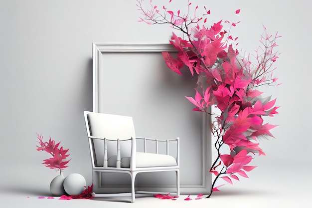 White background with picture frame and blow pink leaves Generative Ai