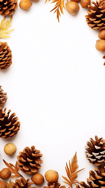 a white background with pine cones and a white background