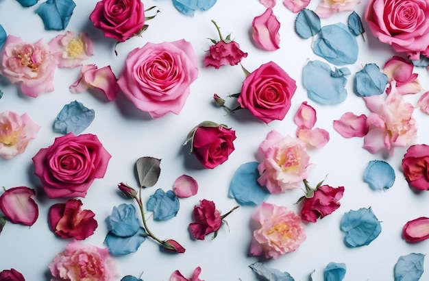 A white background with pink and blue flowers and a pink flower.