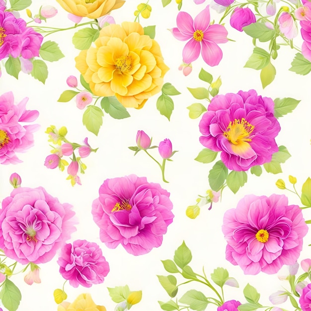 A white background with pink and yellow flowers and leaves.