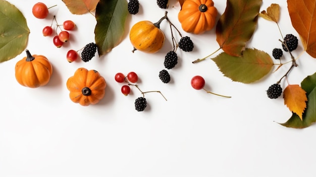 A white background with pumpkins, berries, and other items.