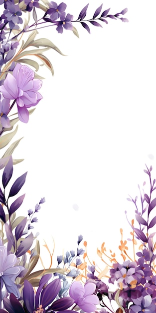 白の背景に紫の花と緑の葉 抽象的なラベンダー色の葉の背景
