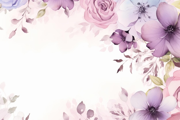 White background with purple and pink flowers copy space