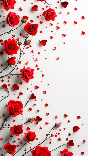 Photo a white background with red roses and scattered hearts