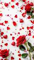 Photo a white background with red roses and scattered hearts