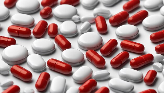 A white background with red and white pills