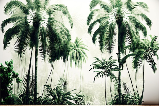 White background with several palm trees, plants. AI digital illustration