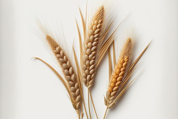 A white background with three individual wheat spikelets Wheats in top view