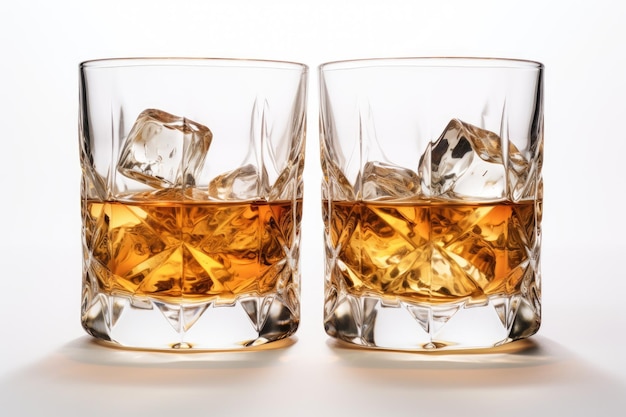 White background with two clinking whiskey glasses