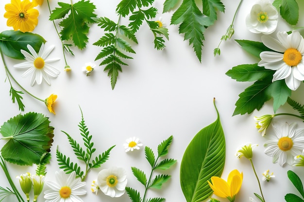 Foto uno sfondo bianco con una varietà di foglie verdi e fiori