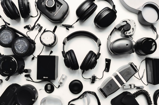 Photo white background with various electronics and headphones