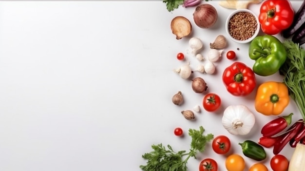 A white background with vegetables and a bowl of spices.