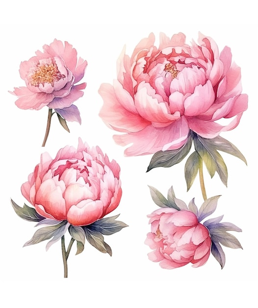 White background with watercolor pink peonies set clipart