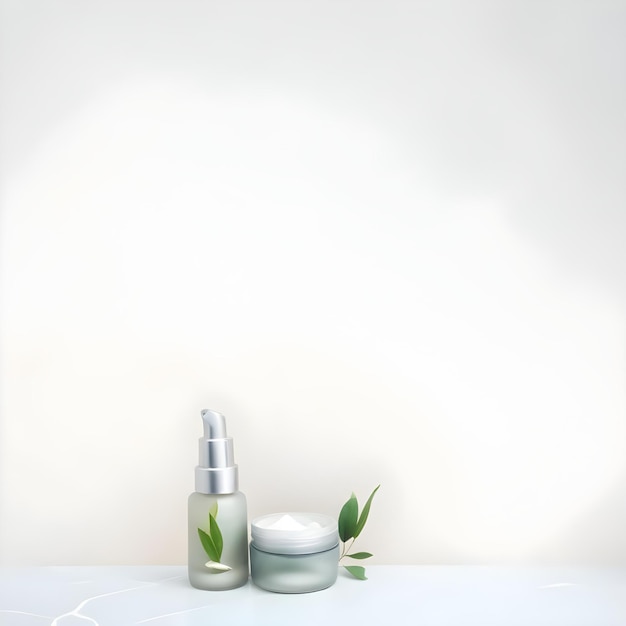 a white background with a white background and a bottle of perfume with a plant in it