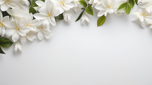 White background with white flowers and leaves