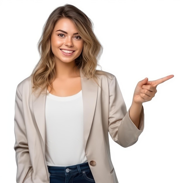 Foto sfondo bianco donna vestiti eleganti che punta l'indice a qualcosa alla sua destra