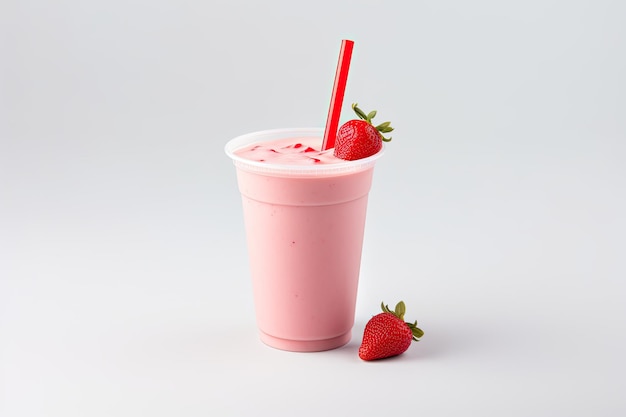 On a white background you can find a takeaway cup containing either a strawberry or raspberry milks