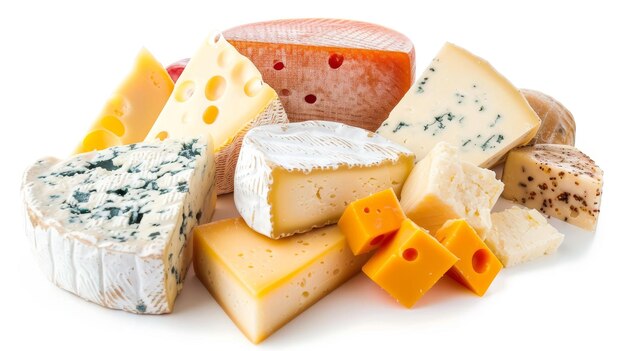 On a white background you can see different kinds of cheese