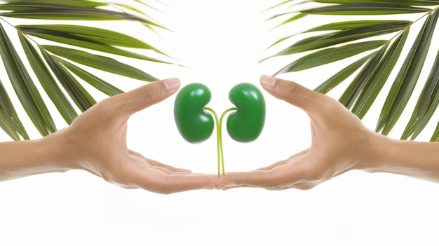 Photo on a white background you see two green kidneys framed between two palms it represents a healthy kidney