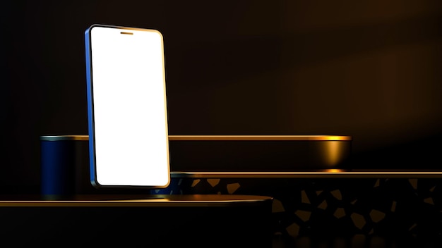 Foto mockup di telefono retroilluminato bianco in una stanza buia su un supporto dorato, podio con un telefono - illustrazione 3d