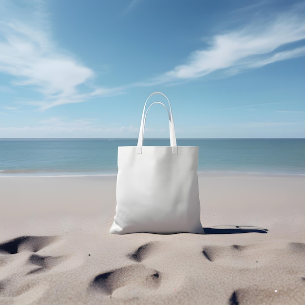 White bag on the beach sand mockup sea in background