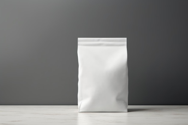 A white bag of coffee is placed on a white table with a gray wall as the background AI generated