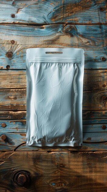 A white bag is sitting on a wooden surface