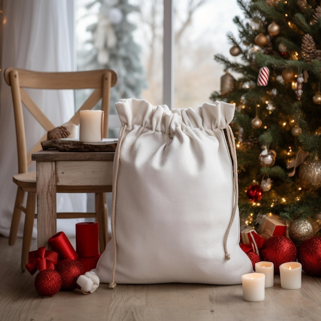 a white bag sitting on a table next to a christmas tree generative ai