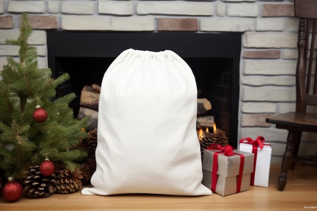 Photo a white bag sitting on top of a wooden floor next to a christmas tree