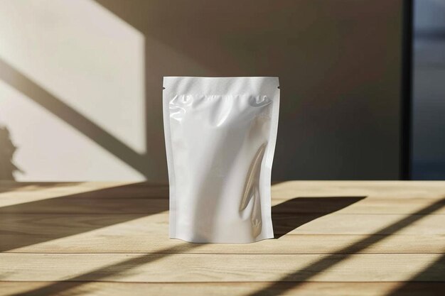 a white bag sitting on top of a wooden table