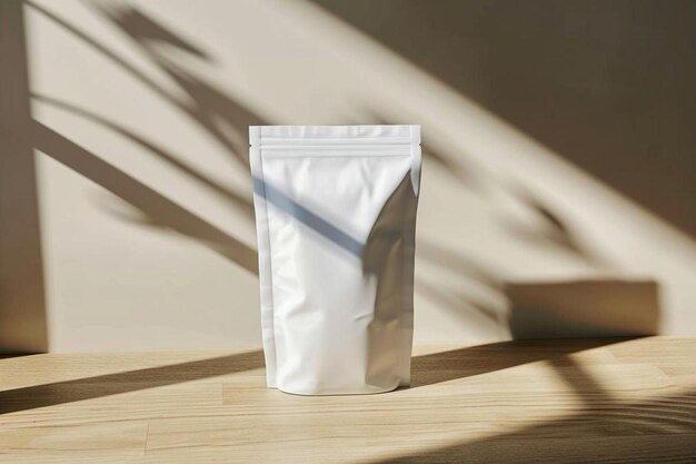 a white bag sitting on top of a wooden table