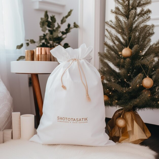 a white bag with a gold ribbon on it sits on a bed