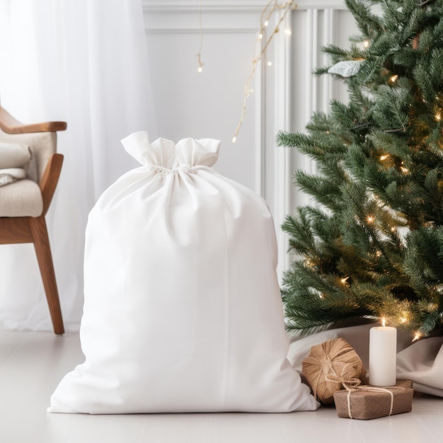 a white bag with a gold ribbon sits next to a christmas tree