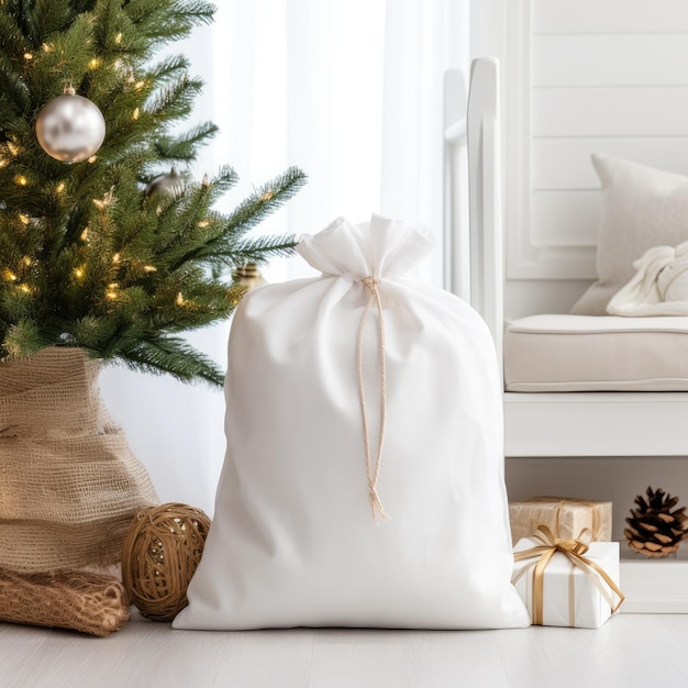 a white bag with a gold ribbon sits on a white floor next to a christmas tree