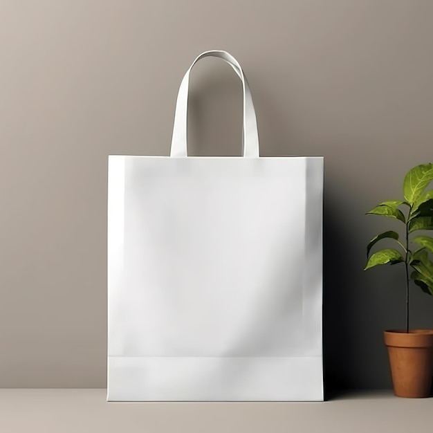 A white bag with a plant in it next to a plant.