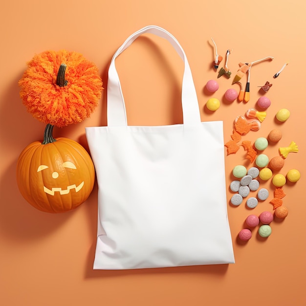 Photo a white bag with a pumpkin on it next to a pumpkin